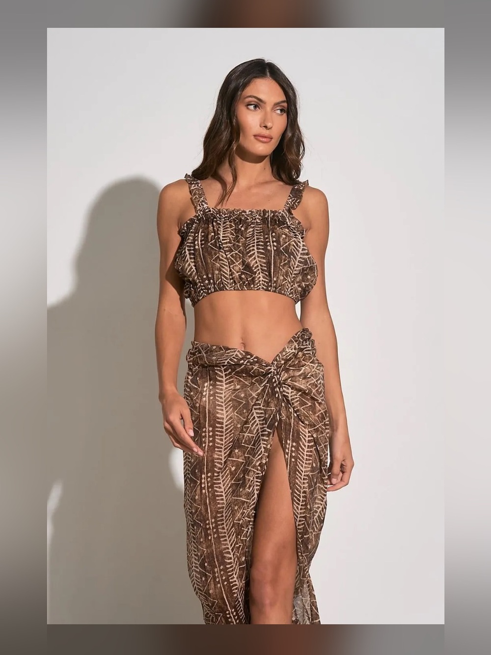 Elan Brown Printed Cropped Tank with Ruffled Straps
